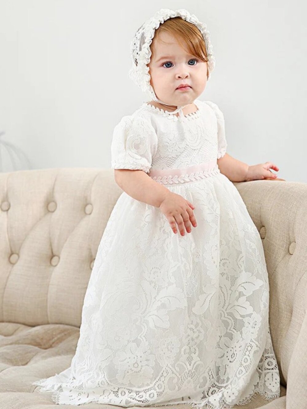 Baby Girls Christening Dress White Baptism Gown Lace with Bonnet